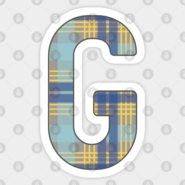 Monogram Letter G, Blue, Yellow and Grey Scottish Tartan Style Typography Design Sticker by MacPean